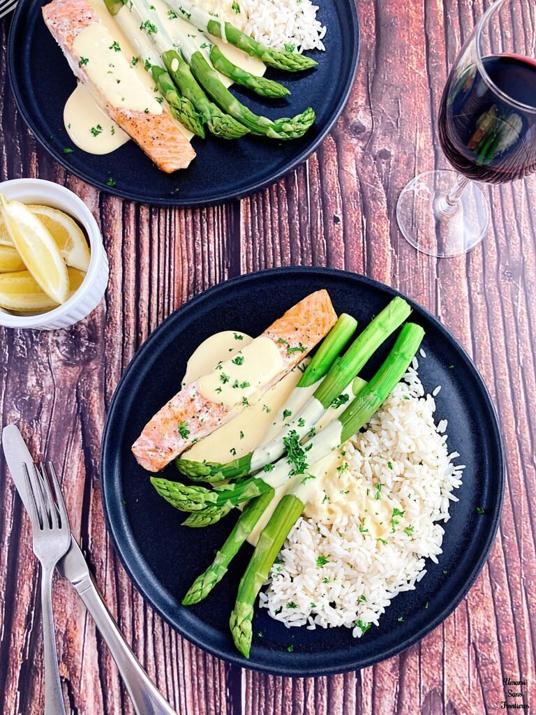 Asparagus and Salmon with Hollandaise sauce rice