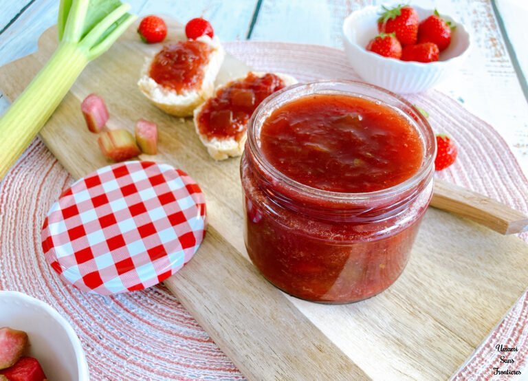 Strawberry and Rhubarb jam cover rhubarb strawberries bread knife