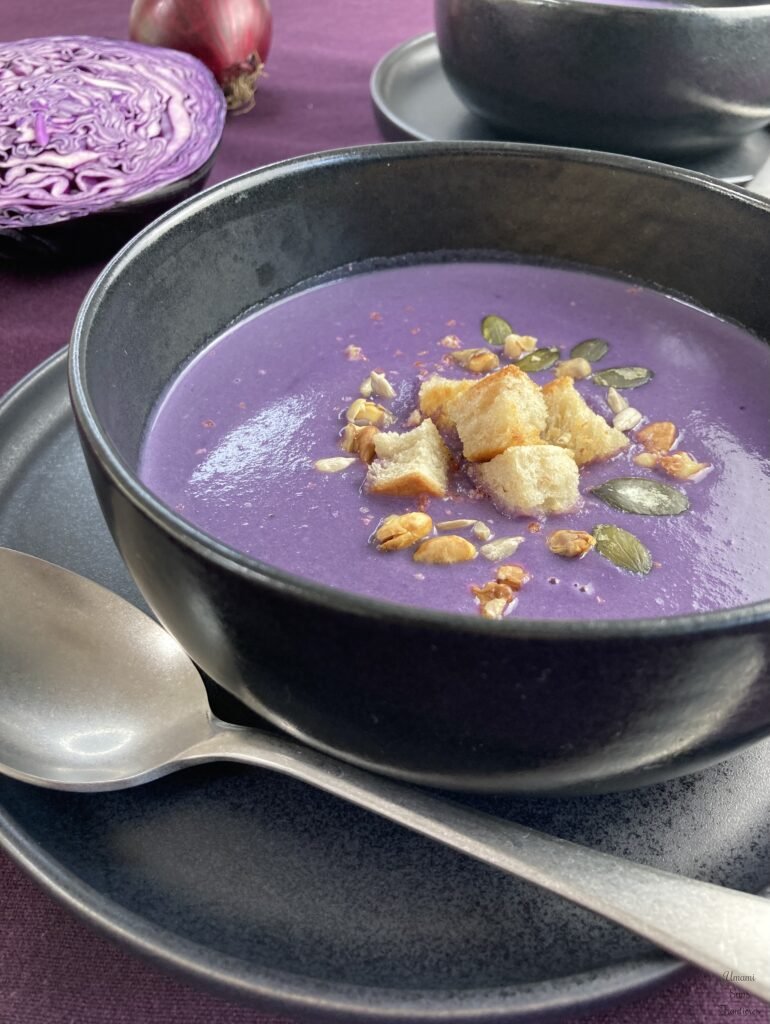 Creamy Purple Cabbage Soup with Coconut Milk spoon croutons