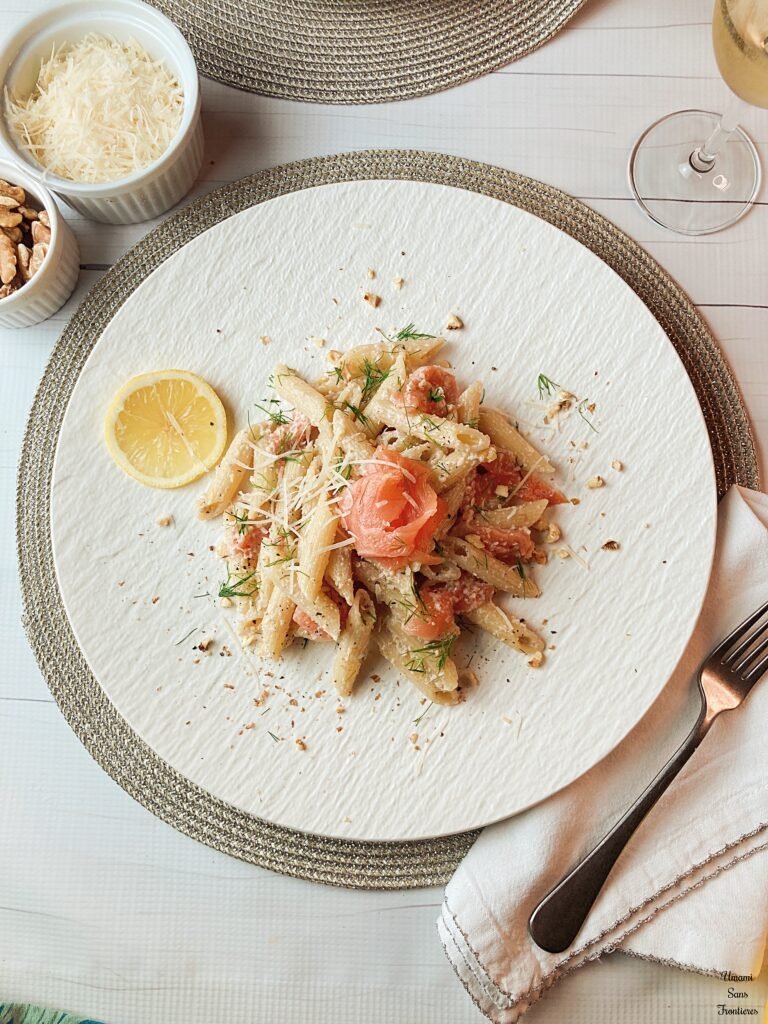 cold lemon pasta with smoked salmon and walnuts fork cheese white wine
